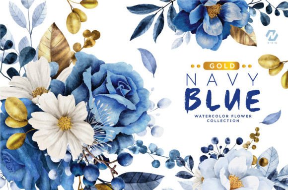 Download Navy Blue Flower and Gold Watercolor - Navy blue Collection
