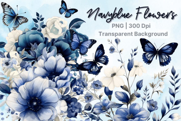 Download Navy Blue Flower, Watercolor Butterfly - Navy blue Collection
